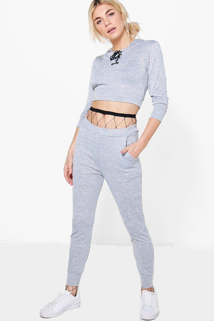 Boohoo Maggie Lace Up Crop Knitted Loungewear Set Grey