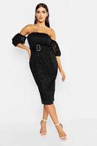 Boohoo Lace Off The Shoulder Belted Midi Dress