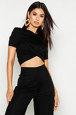 Boohoo Linen Look Wrap Front Crop Top