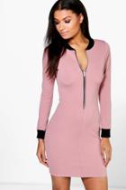 Boohoo Matilda Bomber Style Bodycon Dress Mauve
