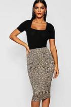Boohoo Leopard Print Crepe Midi Skirt