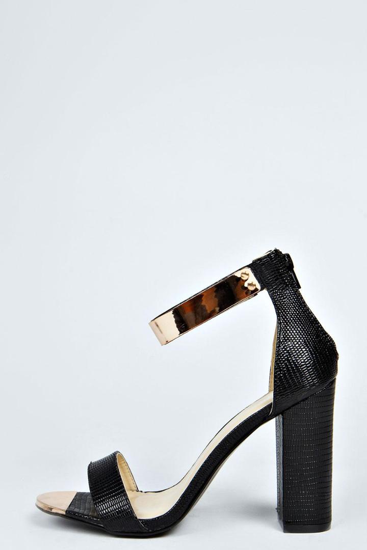 Boohoo Fifi Mock Croc Metallic Trim Ankle Strap Block Heels - Black