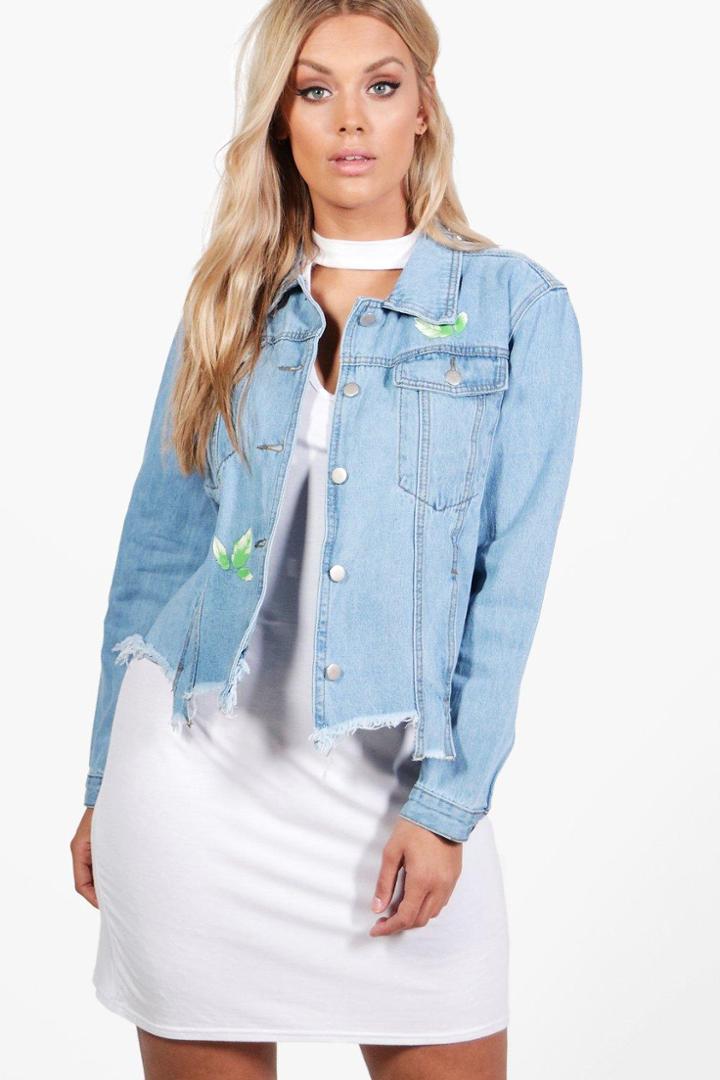 Boohoo Plus Betsy Floral Ripped Jean Jacket Blue