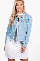 Boohoo Plus Betsy Floral Ripped Jean Jacket Blue