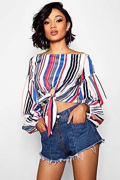 Boohoo Tall Alice Bold Stripe Balloon Sleeve Bardot Crop