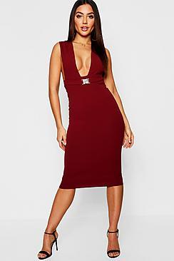 Boohoo Plunge Neck Belted Midi Dress