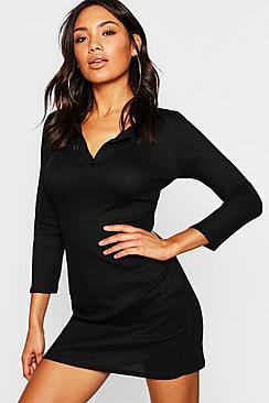 Boohoo Rib Knit Long Sleeve Button Up Mini Dress