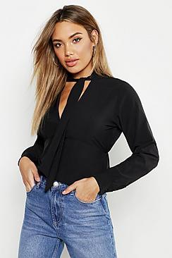 Boohoo Woven Tie Neck Fitted Blouse