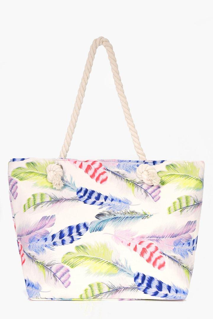 Boohoo Alexis Feather Print Beach Bag Blue