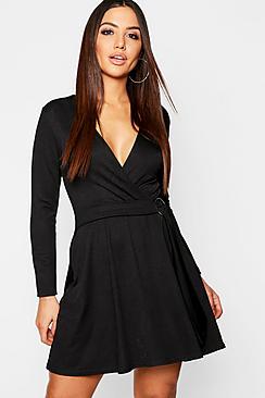 Boohoo Wrap O Ring Detail Skater Dress