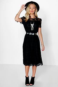 Boohoo Tisha Tie Sleeve Corded Lace Midi Dress