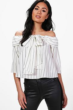 Boohoo Bernie Pinstripe Bow Detail Bardot Top