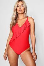 Boohoo Plus Lucy High Leg Ruffle Detail Swimsuit