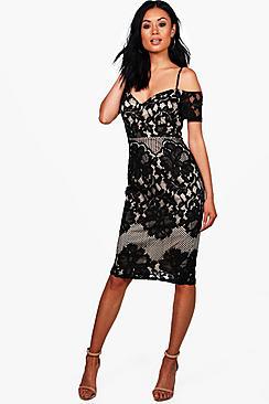 Boohoo Boutique Gabriella Lace Panelled Cold Shoulder Midi Dress