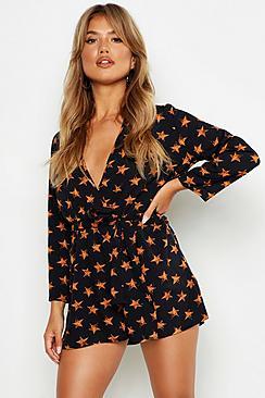 Boohoo Star Print Tie Waist Playsuit