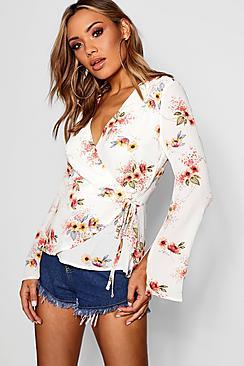 Boohoo Dana Woven Tie Front Floral Wrap Top