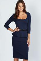 Boohoo Karmine Long Sleeve Belted Peplum Midi Dress Navy