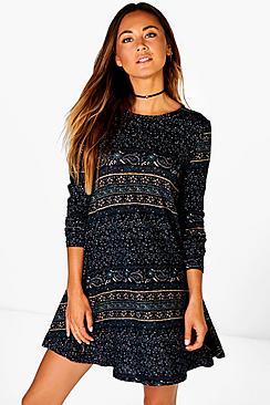 Boohoo Zoe Paisley Border Brushed Knit Swing Dress