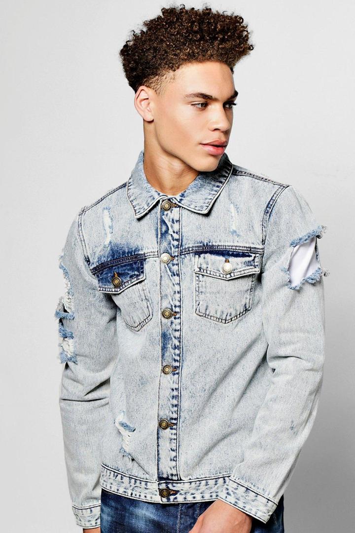 Boohoo Snow Wash Jean Jacket With Open Rips Blue