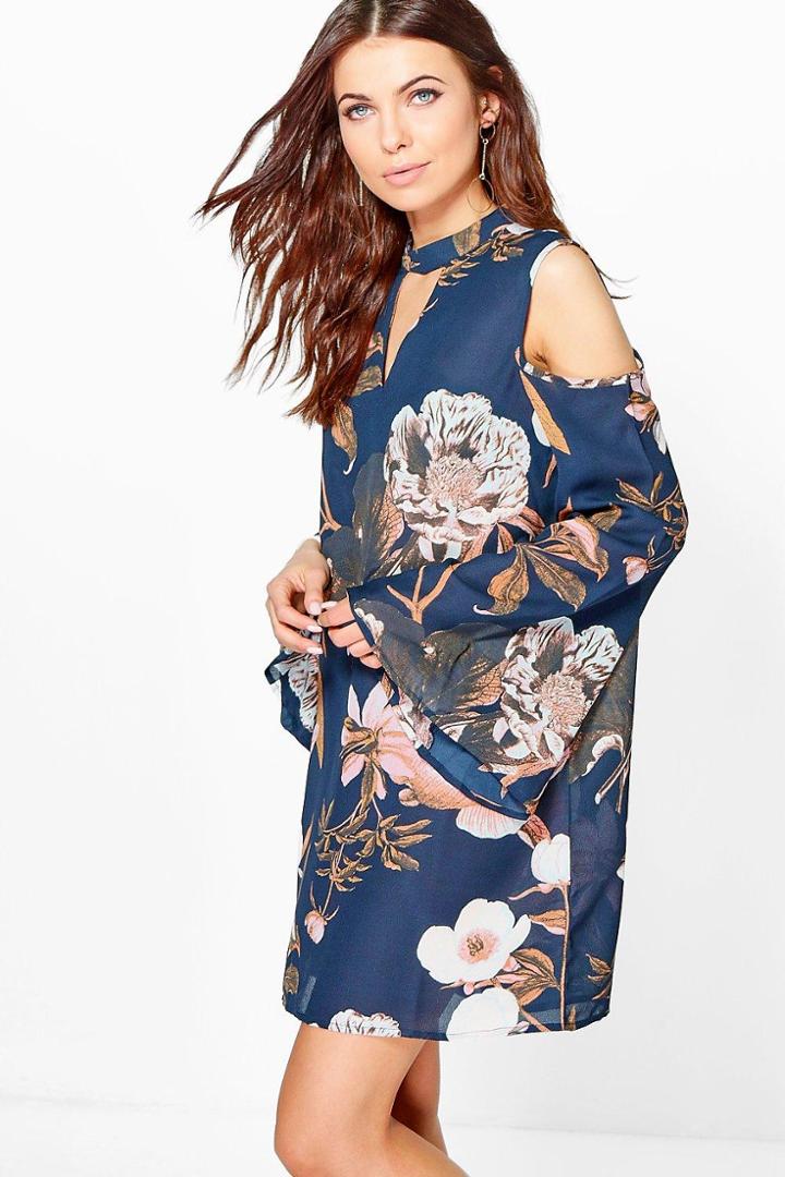 Boohoo Paige Floral Print Cold Shoulder Shift Dress Navy