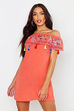 Boohoo Bohemian Embroidered Off The Shoulder Dress