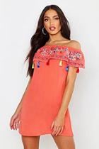 Boohoo Bohemian Embroidered Off The Shoulder Dress
