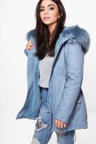 Boohoo Ava Boutique Faux Fur Hood Parka Blue