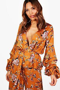 Boohoo Olivia Ruched Sleeve Printed Kimono Jacket