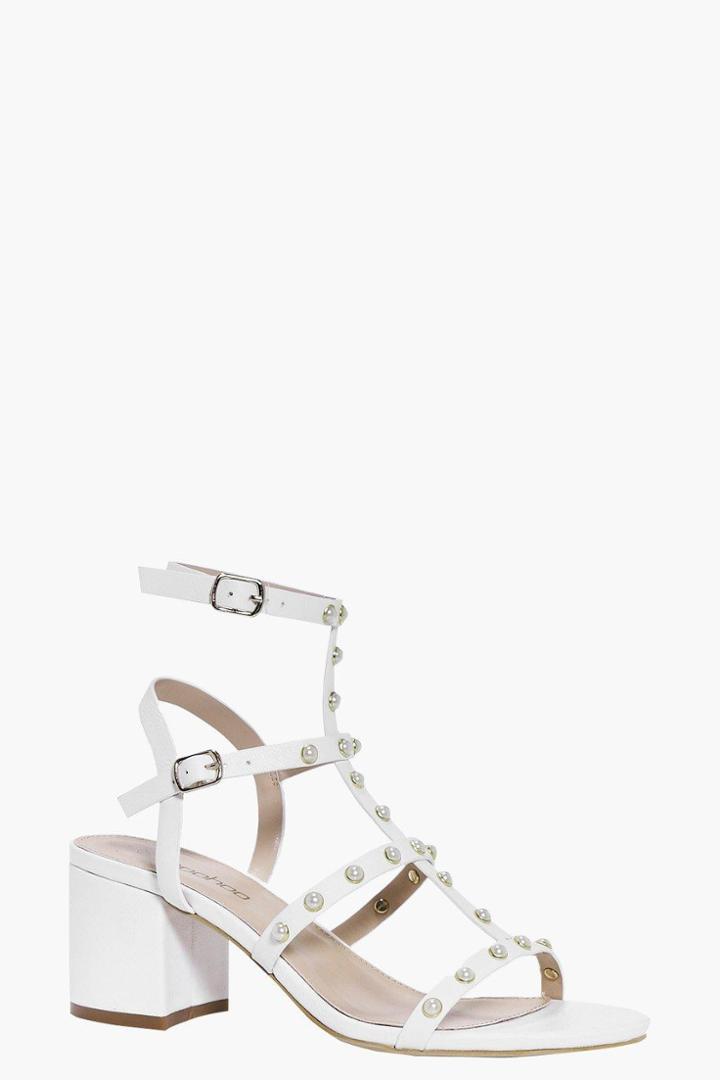 Boohoo Willow Pearl Trim Gladiator Block Heel White