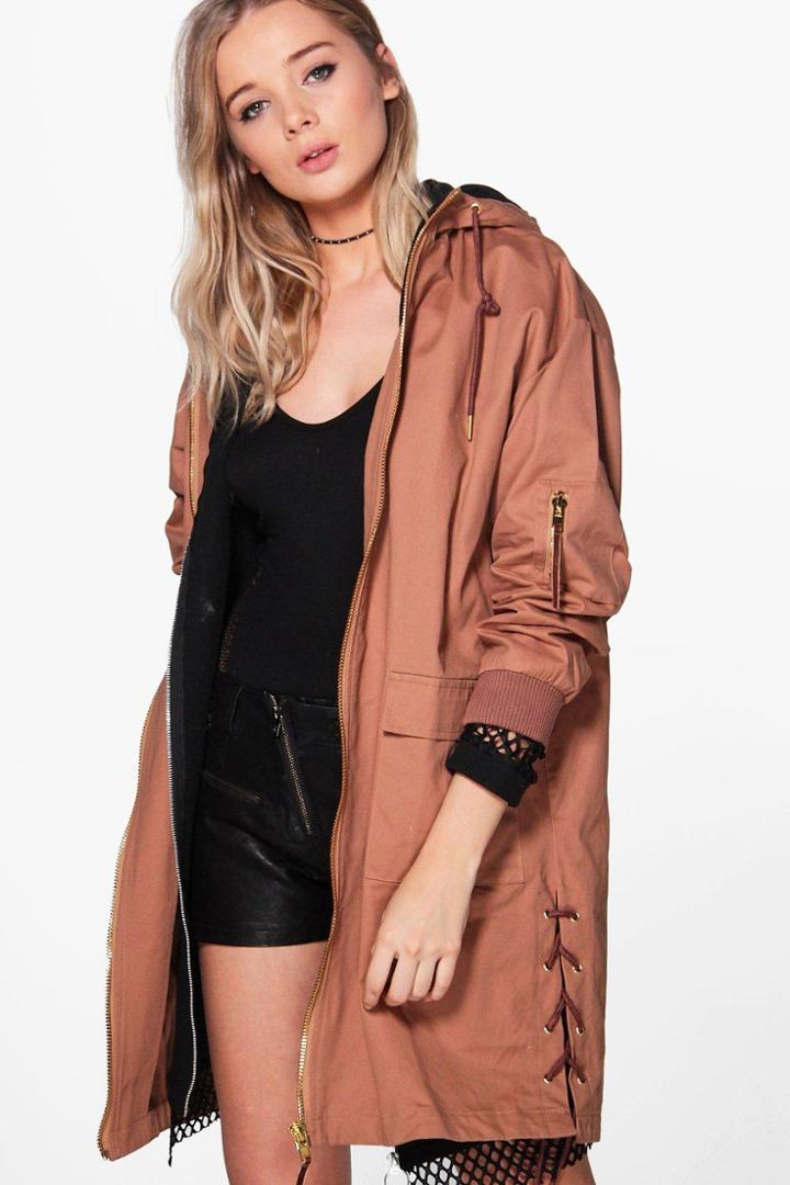 Boohoo Hannah Boutique Velvet Lace Up Parka Mocha