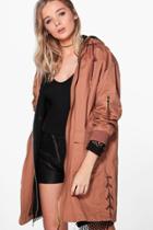 Boohoo Hannah Boutique Velvet Lace Up Parka Mocha