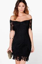 Boohoo Boutique Daisy Floral Crochet Off Shoulder Dress Black