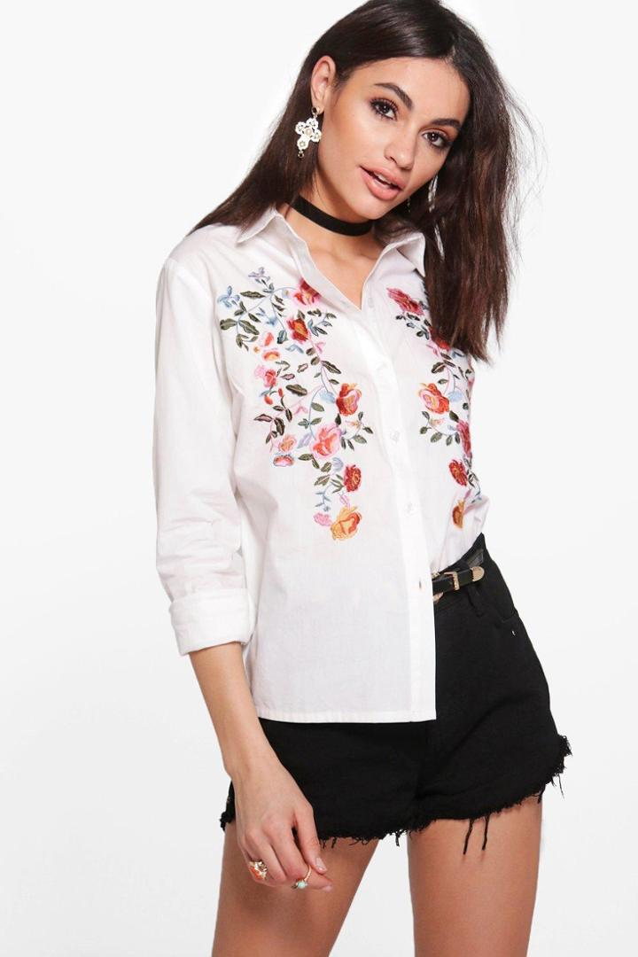 Boohoo Avery Boutique Embroidered Dipped Back Shirt White
