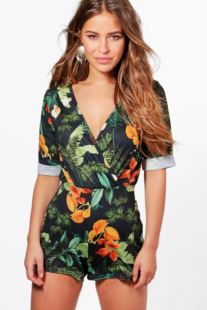 Boohoo Petite Emma Wrap Front Tropical Print Playsuit Multi