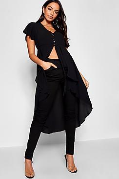 Boohoo Horn Button Through Cap Sleeve High Low Hem Top