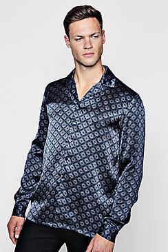 Boohoo Geo Print Long Sleeve Revere Satin Shirt