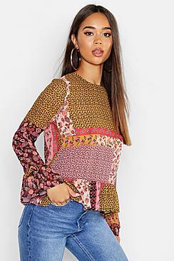 Boohoo Woven Tie Print Pep Hem Blouse
