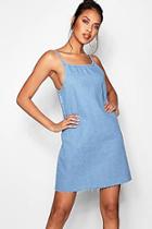 Boohoo Ella Loose Low Back Strappy Denim Dress