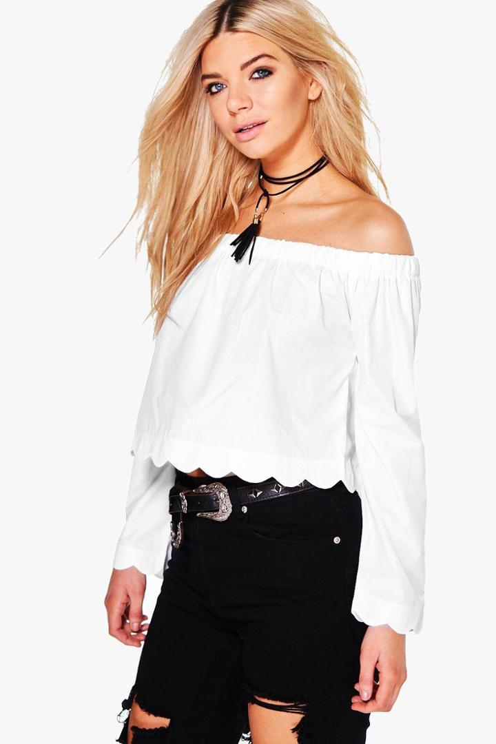 Boohoo Stacey Scallop Edge Bardot Top White