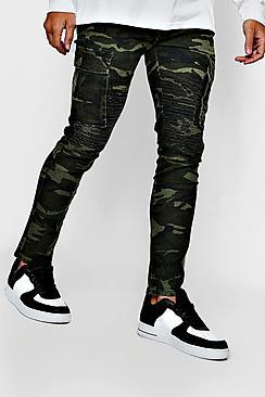 Boohoo Skinny Fit Camo Biker Jeans With Cargo Pockets