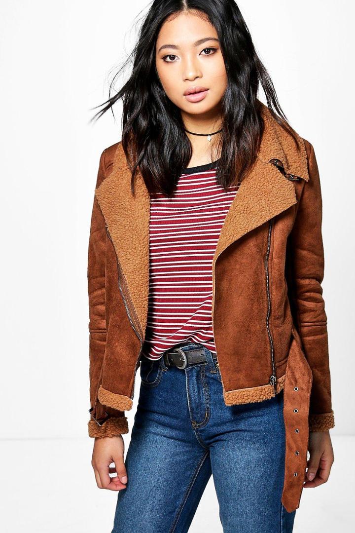 Boohoo Petite Yani Cropped Aviator Fur Lined Jacket Tan