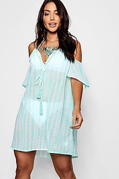 Boohoo Erin Tie Cold Shoulder Beach Sun Dress