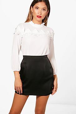 Boohoo Erin Lace Insert High Neck Blouse