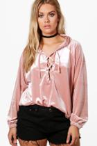 Boohoo Plus Bianca Velvet Lace Up Hooded Top Nude