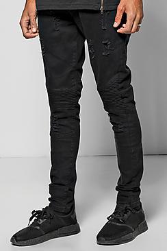 Boohoo Distressed Super Skinny Biker Jeans With Pocket Zip