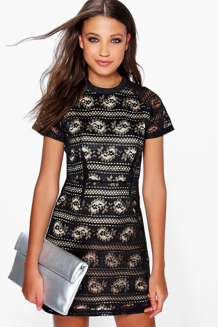 Boohoo Boutique Ara Lace Bound Neck Bodycon Dress Black