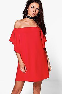 Boohoo Lucinda Frill Off Shoulder Shift Dress