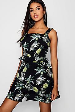 Boohoo Raya Ruffle Detail Pineapple Print Skater Dress