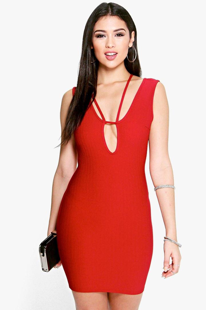 Boohoo Miranda Textured Strappy Detail Bodycon Dress Scarlet