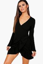 Boohoo Petite Paige Frill Flare Sleeve Wrap Skater Dress